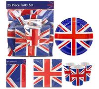 ZOPPER 25 x Union Jack Full Party Set Paper Party Bowls & Cup, Napkins, Table Cover, UK Flag Tableware Party Supplies for Celebrate The King Charles Coronation Decorations