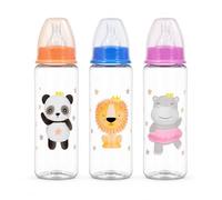ZOPPER Baby Feeding Bottle Set 3 x 250ml Cute Assorted Design Wide Neck Nursing Bottles with Soft Silicone Teat, Natural Latch, BPA-Free - High-Contrast Safari Animal Designs (Panda, Lion, Hippo)