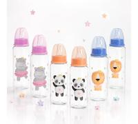 ZOPPER Baby Feeding Bottle Set 6 x 250ml Cute Assorted Design Wide Neck Nursing Bottles with Soft Silicone Teat, Natural Latch, BPA-Free - High-Contrast Safari Animal Designs (Panda, Lion, Hippo)