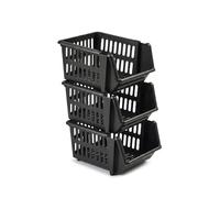 ZOPPER Black Stacking Storage Basket Set of 3 18cm Heavy Duty Stackable Plastic Bins for Office Desk, Utility Room & Garage Open Front Organisation Boxes Easy Clip Together, 21x23x13cm