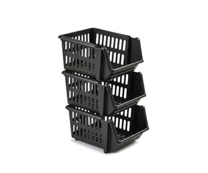 ZOPPER Black Stacking Storage Basket Set of 3 18cm Heavy Duty Stackable Plastic Bins for Office Desk, Utility Room & Garage Open Front Organisation Boxes Easy Clip Together, 21x23x13cm