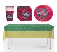 ZOPPER Christmas Party Table Set - 6 Person Christmas Party Tableware - 25 Items - Plates, Cups, Napkins, Table Cover for Decor, Christmas Party Supplies (Merry Christmas)