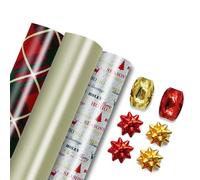 ZOPPER Christmas Wrapping Paper Roll - Set of 9 Pieces Tartan 3 x 1.5m Gift Wrap Rolls, 4 x Metallic Bows & 2 x 10m Ribbon Cops Gift Wrap Set Ideal For X-mas