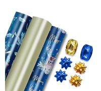 ZOPPER Christmas Wrapping Paper Roll Traditional - Luxury Gift Wrap Set of 9 Pieces 3 x 1.5m Gift Wrap Rolls, 4 x Metallic Bows & 2 x 10m Ribbon Cops - Ideal For X-mas