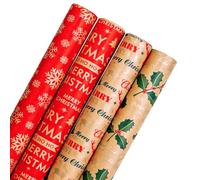 ZOPPER Christmas Wrapping Paper Set - 4 Rolls, 3m Each, Eco-Friendly - Kraft Paper - Recyclable, Red Snowflakes Holly Reindeer Designs