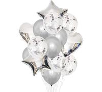 ZOPPER | Silver Foil & Latex Balloon Assortment Set | Silver Color | Straw & String Bouquet | Oval, Heart and Star Shaped | Pack of 14 | for any Occasion
