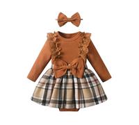 Zoputey Infant Baby Girls Dress Long Sleeve Plaid Print 2Pcs Outfit Sets, Brown, 9-12 Months