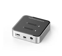 Zoravson M.2 NVMe/SATA SSD Enclosure, USB C Dual bay SSD Enclosure, 10Gbps USB 3.2 Gen2 SSD Reader, External M2 NVME Dock with 12V/2A Adapter for 2230 22242 2260 2280 22110, Tool-Free