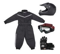 Zorax ZOR-X15 Matte Black XS(48-49) Kids Motocross Helmet ECE2206 & Gloves S(5cm) & Goggles + Leopard S(3-4Yrs) Children Kids Motorbike Race Suit