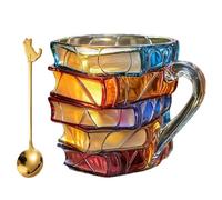 ZoraYorce Painted Book Mug, Novelty 3D Glass Painted Books Coffee Mug, Novelty Unique Colorful Books Stack Shaped Coffee Cup Gifts for Book Lovers Readers Librarians Writers