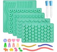 Zorazio 7Pcs Gummy Bear Molds Silicone, Nonstick Gummy Chocolate Candy Worm Molds with 2 Droppers for Convenient Filling, Includes Bear, Worm, Dinosaur, Donut and Heart, 218Cavity