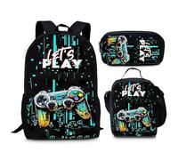 Zorbal 3pcs Boys Gaming Backpack Set, School Bag with Lunch Crossbody Bag and Pencil Case, Lightweight Durable Polyester Rucksack for Kids, Large Capacity for School & Travel