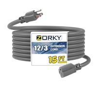 Zorky 15 ft Outdoor Extension Cord Waterproof, 12/3 Heavy Duty Extension Cable with 3 Prong Grounded Plug for Safety, 12AWG 15Amp 1875W Great for Garden, Major Appliances, Grey