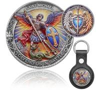 Zorleniva St Michael Archangel Coin 3D Engraved Saint Michael Keychain Medal Challenge Coin with Leather Coin Holder, Antique Silver, Medium