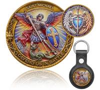 Zorleniva St Michael Archangel Coin 3D Engraved Saint Michael Keychain Medal Challenge Coin with Leather Coin Holder, Antique Gold, Medium