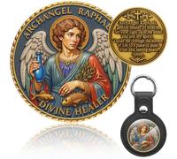Zorleniva St Raphael Archangel Challenge Coin 3D Engraved Saint Raphael Archangel Medal Keychain with Leather Coin Holder, Antique Gold, Medium