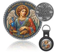 Zorleniva St Raphael Archangel Challenge Coin 3D Engraved Saint Raphael Archangel Medal Keychain with Leather Coin Holder, Antique Silver, Medium