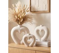 Zormon Heart Ceramic Vase Set, Modern Boho Vases for Home Decor, Set of 3 | Matte Textured Off-White Hollow Donut Centerpieces for Pampas Grass & Dried Flowers, Unique Housewarming & Wedding Gift Set