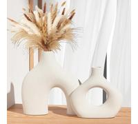 Zormon White Ceramic Vase Set of 2, Pampas Grass Vases for Home Decor, Round Matte Boho Vases for Flowers, Nordic Minimalism Style vase for Living Room Bedroom Shelf Decor