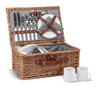 ZORMY Wicker Picnic Basket for 2, Willow Hamper Basket Sets with Insulated Compartment, Handmade 2 Person Picnic Basket with Utensils Cutlery Perfect for Picnic, Camping (Grey Stripe A)
