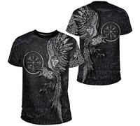 ZORQ Viking Odin Ravens Tattoo Short Sleeve Retro T-Shirts, Men's Quick Dry Workout Shirt, 3D Printed Cool Gym Muscle T-Shirt, Norse Mythology Clothing Top,Raven,XXL