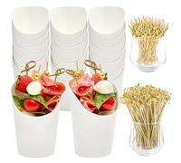ZORRITA 50 Sets 14 oz Charcuterie Cups with Sticks, Disposable Kraft Paper White Charcuterie Boxes French Fry Holders Individual Appetizer Serving Cups (50 Cups + 200 Cocktail Picks)