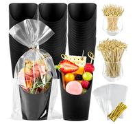 ZORRITA 50 Sets 14 oz Charcuterie Cups with Sticks, Individual Black Paper Charcuterie Boxes Disposable Snack Serving Cups for Fruits Appetizers (50 Cups + 200 Cocktail Picks + 50 Bags + 50 Ties)