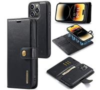 ZORSOME DG.MING for iPhone 14 Pro Max Genuine Leather Wallet Case, Detachable 2 in 1 Split Leather Wallet Phone Cover,Magnetic Pouch Shell,Black