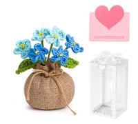 Zorvix Crochet Flowers Potted Plants, Forget Me Not Handmade Knitted Flower, Artificial Flowers With Card And Transparent Boxes, Birthday Wedding Gifts for Women Desk Decor for Office Home