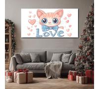 ZORYAN Cute Kitten Large Canvas Wall Art Cartoon Cat Canvas Print Romance Love Heart Artwork for Living Room Bedroom Home Decor, Framed 50x100 cm