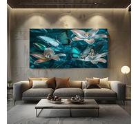 ZORYAN Dreamy Butterflies Lilies Large Painting Art Textured Floral Details Wood Framed Canvas Wall Art for Living Room, Pictures for Living Room Home Decorative 50x100cm Teal