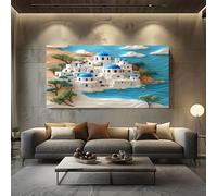 ZORYAN Greek Island Landscape Frameless Large Canvas Wall Art Blue Canvas Print Poster for Living Room Wall Art Decor, Pictures for Home Office Restaurant, 70x140cm