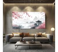 ZORYAN Japanese Cherry Blossom Canvas Prints Wall Art Oriental Asian Pagoda Paintings for Living Room and Bedroom, Frameless Ink Painting Mountain Artwork Home Decorations 70x140 cm