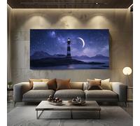 ZORYAN Nautical Lighthouse Pictures Wall Art for Living Room Scenery Starry Large Canvas Prints for Hallway Decor Landscape Moon Artwork for Bedroom Frameless 80x160 cm
