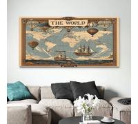 ZORYAN Navigation World Map Frameless Large Canvas Wall Art Brown Canvas Print Poster for Living Room Wall Art Decor, Pictures for Home Office Restaurant, 80x160cm