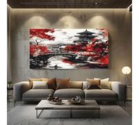 ZORYAN Oriental Pagoda Pattern Framed Large Canvas Wall Art Crimson Leaf Motif Canvas Print Poster for Living Room Wall Art Decor, Pictures for Home Office Restaurant, 80x160cm Crimson