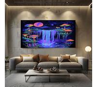 ZORYAN Psychedelic Mushroom Large Canvas Wall Art Fantasy Waterfall Canvas Print Neon Planet Artwork for Living Room Bedroom Home Decor, Frameless 50x100 cm