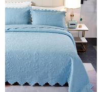 ZORZA 100% Cotton White/Beige Bedspread, Soft and Comfortable, Super King Double Size, 3 Pieces, Light Blue, 230x250 cm