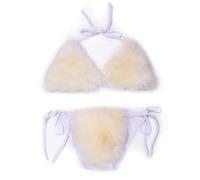 ZOSCGJMY Women's Faux Fur Halter String Triangle Bikini Sets Two Piece Swimsuits (Beige)