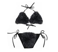 ZOSCGJMY Women's Faux Fur Halter String Triangle Bikini Sets Two Piece Swimsuits (Black-2)