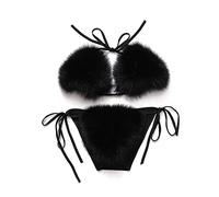 ZOSCGJMY Women's Faux Fur Halter String Triangle Bikini Sets Two Piece Swimsuits (Black)
