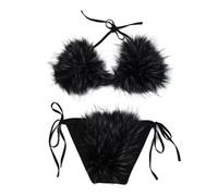ZOSCGJMY Women's Faux Fur Halter String Triangle Bikini Sets Two Piece Swimsuits (Black-3)