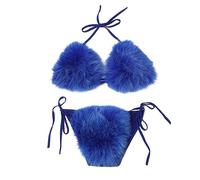 ZOSCGJMY Women's Faux Fur Halter String Triangle Bikini Sets Two Piece Swimsuits (Blue)
