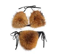 ZOSCGJMY Women's Faux Fur Halter String Triangle Bikini Sets Two Piece Swimsuits (Brown)