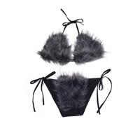 ZOSCGJMY Women's Faux Fur Halter String Triangle Bikini Sets Two Piece Swimsuits (Dark Grey)