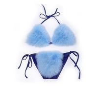 ZOSCGJMY Women's Faux Fur Halter String Triangle Bikini Sets Two Piece Swimsuits (Light Blue)
