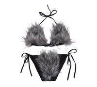 ZOSCGJMY Women's Faux Fur Halter String Triangle Bikini Sets Two Piece Swimsuits (Light Grey)