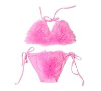 ZOSCGJMY Women's Faux Fur Halter String Triangle Bikini Sets Two Piece Swimsuits (Pink-2)