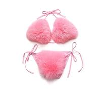 ZOSCGJMY Women's Faux Fur Halter String Triangle Bikini Sets Two Piece Swimsuits (Pink)