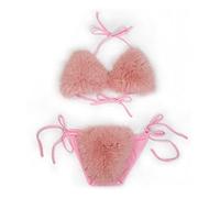 ZOSCGJMY Women's Faux Fur Halter String Triangle Bikini Sets Two Piece Swimsuits (Pink-3)